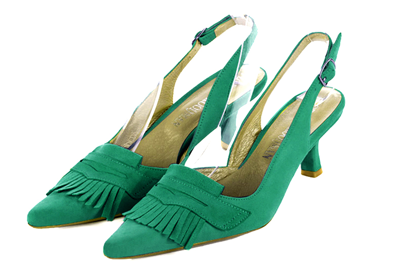 Emerald green women's slingback shoes. Pointed toe. Medium spool heels. Front view - Florence KOOIJMAN